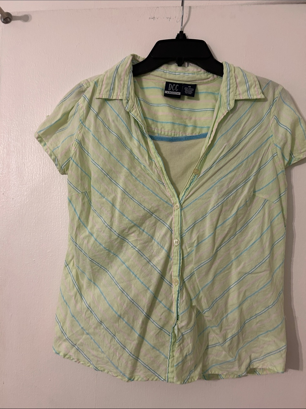 Vintage Light Green Striped Short-Sleeve Button-Up Shirt with Cami (2 pieces)